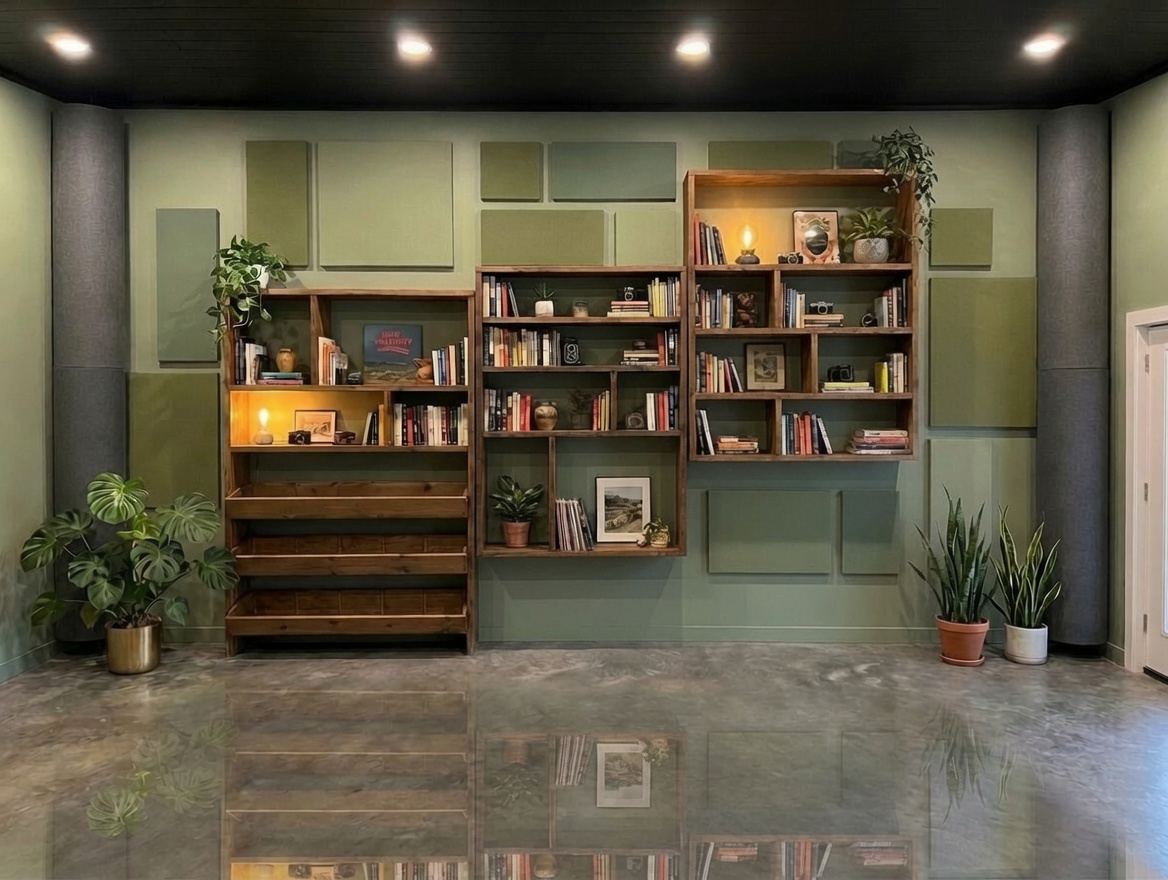 The Bailey — treated listening space with walnut shelving and sage panels